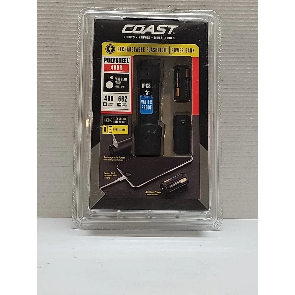 COAST Polysteel 400R Flood & Spot‎ Rechargeable LED Flashlight & Power Bank NEW
